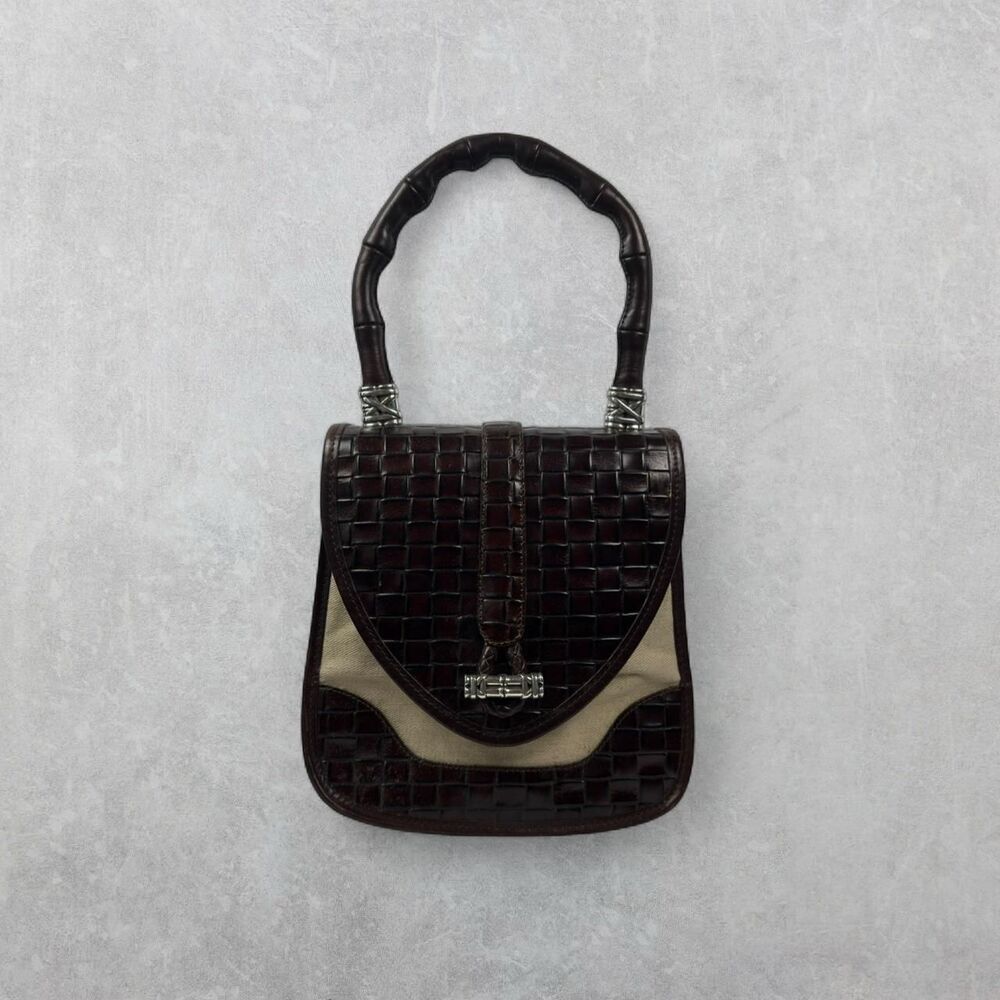 Vintage Brighton Dark Brown Woven Leather Beige Canvas Handbag